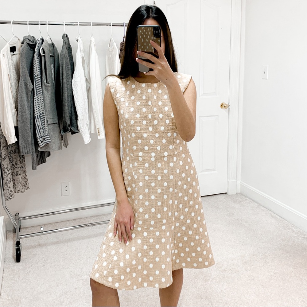 J. Crew | Marcy White Polka Dot Embroidered Tweed Dress in Camel